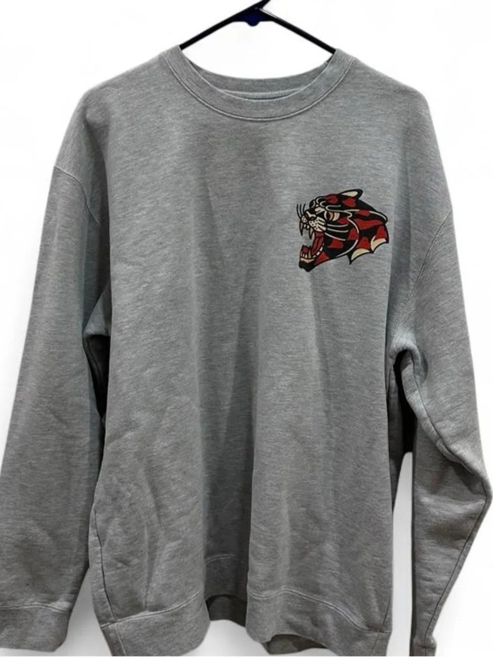Grey Crewneck Sweatshirt with Red Panther Graphic